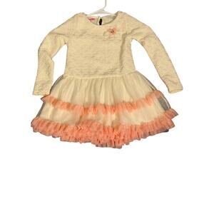 Nannette Girls Dress Size 5 White Long Sleeve Peach Trim Tulle Ruffle Skirt